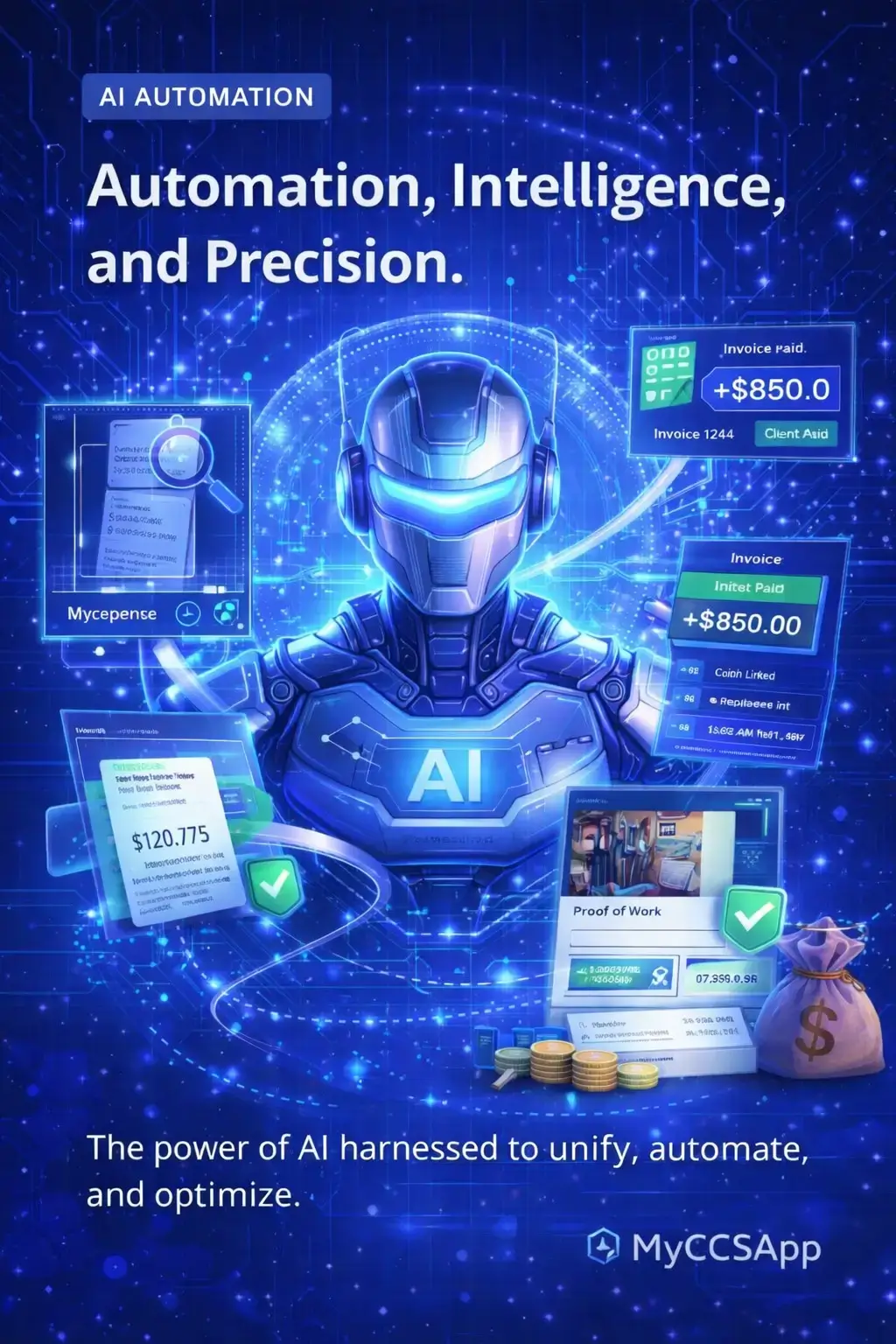 MyCCSApp AI Assistant interface featuring voice lead capture and automated daily business briefs