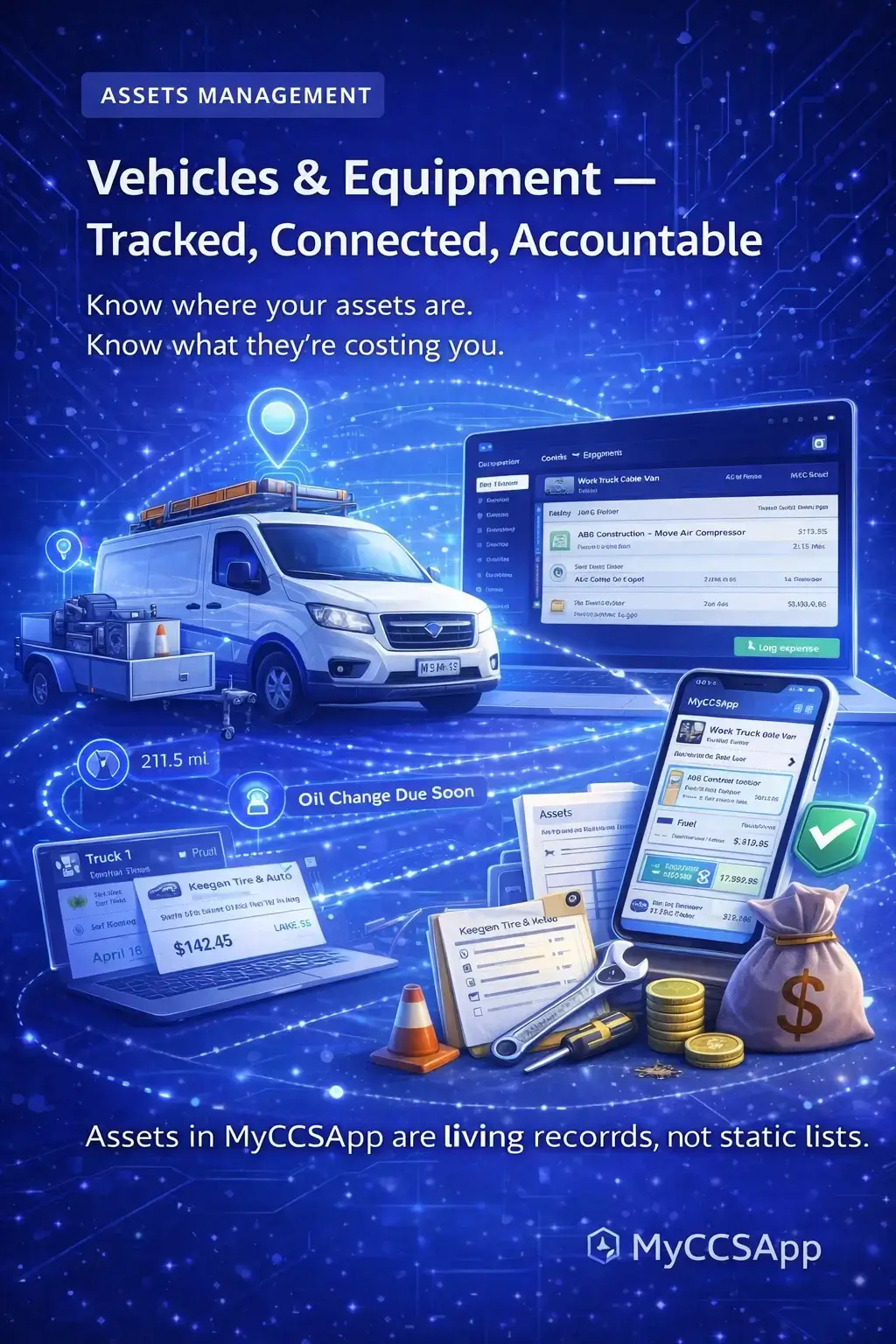 Equipment and vehicle management dashboard tracking maintenance cycles and asset assignments