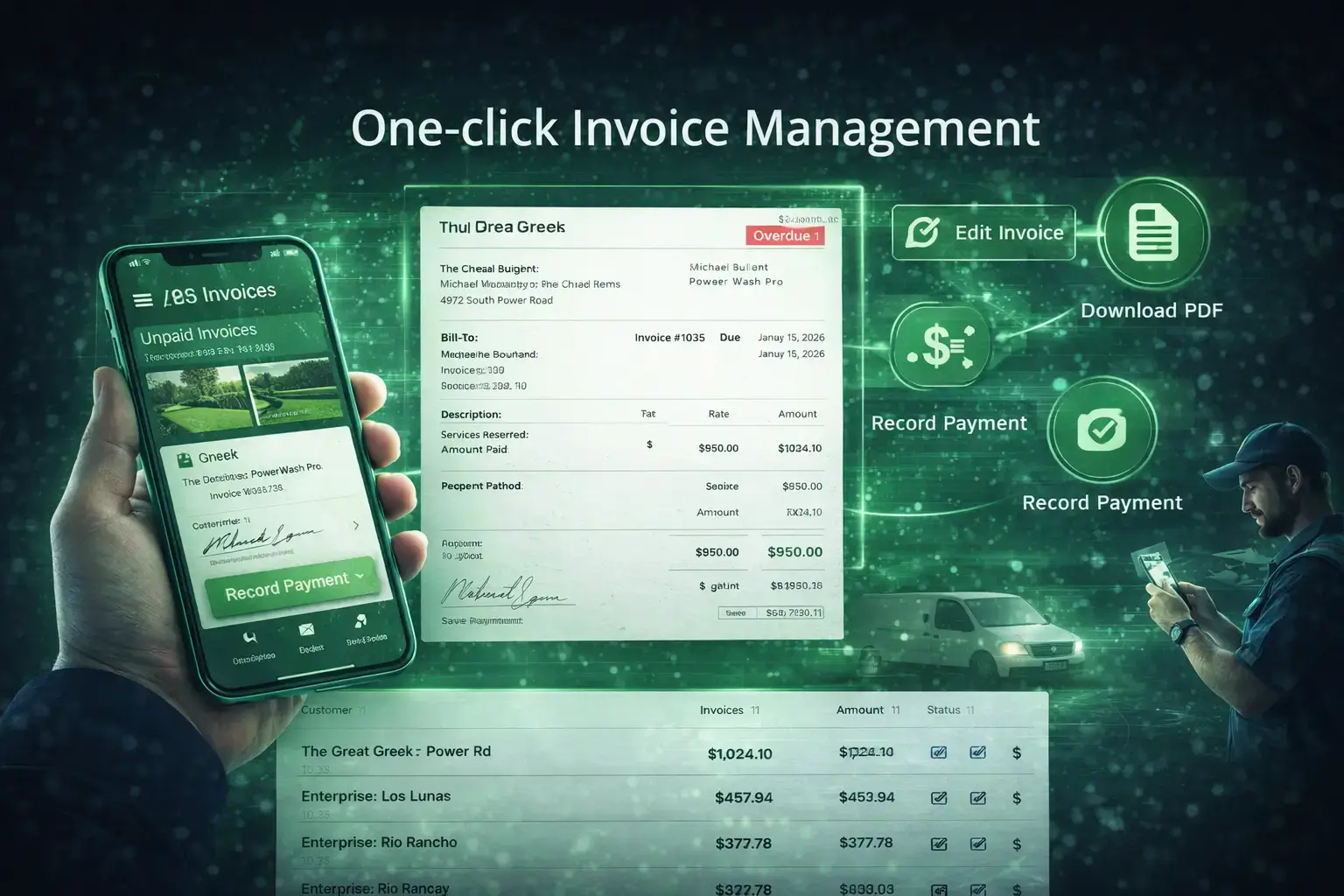 Cloud-based invoicing dashboard displaying one-click invoice management.