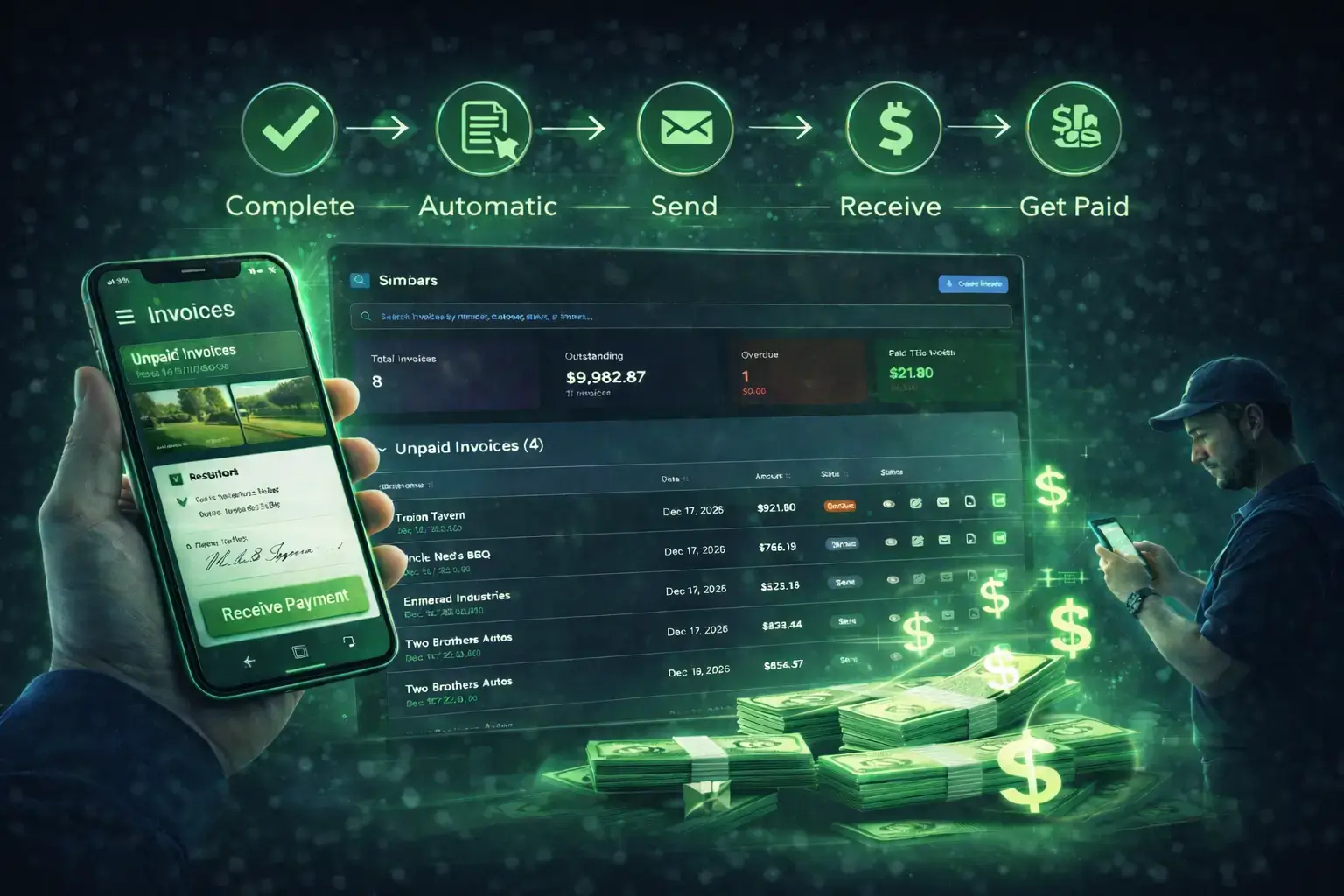 Automated invoicing workflow for auto detailing showing instant digital invoice generation upon job completion and mobile payment processing