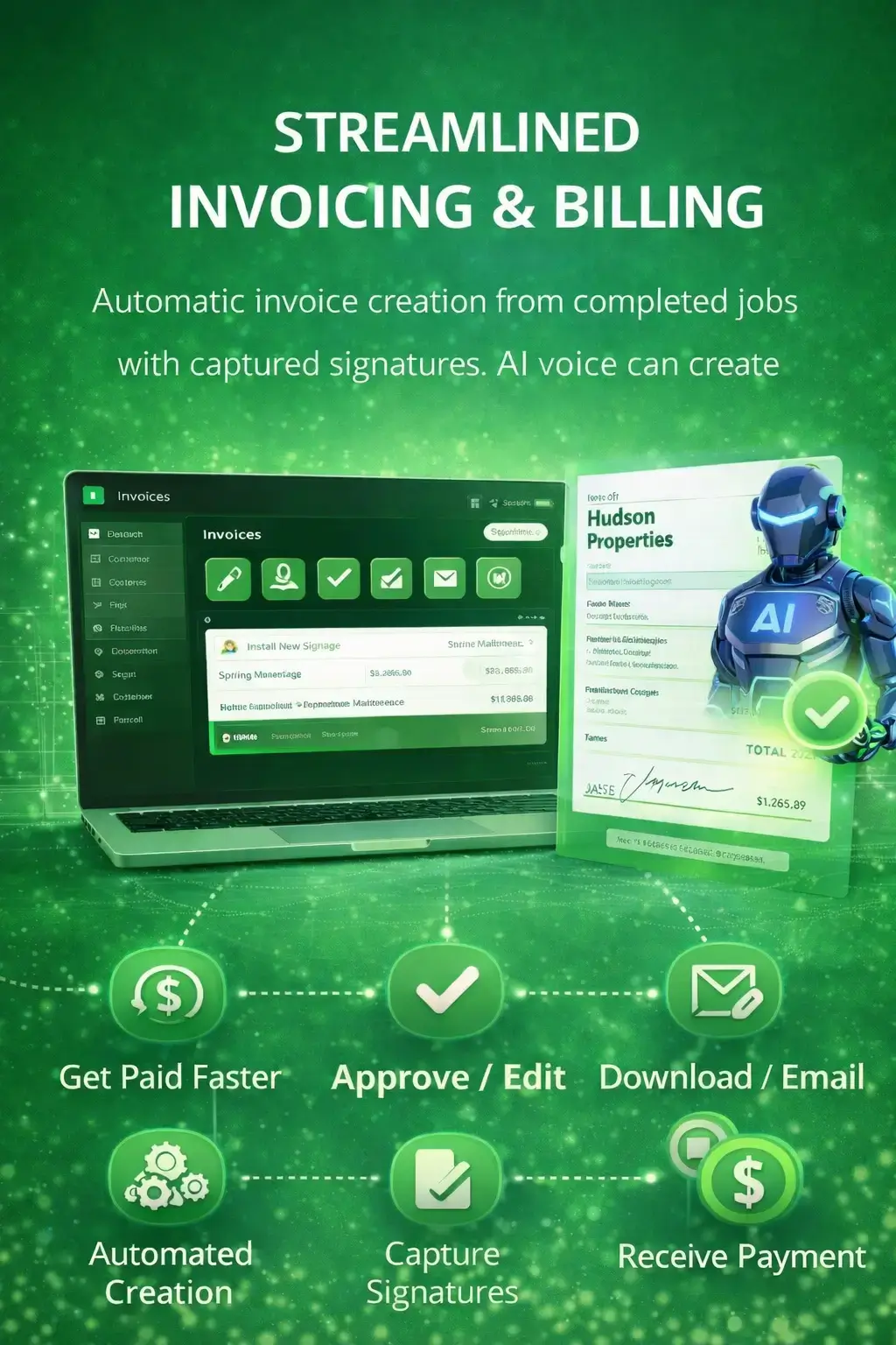 Automated invoicing dashboard generating bills from completed job data with online payment status