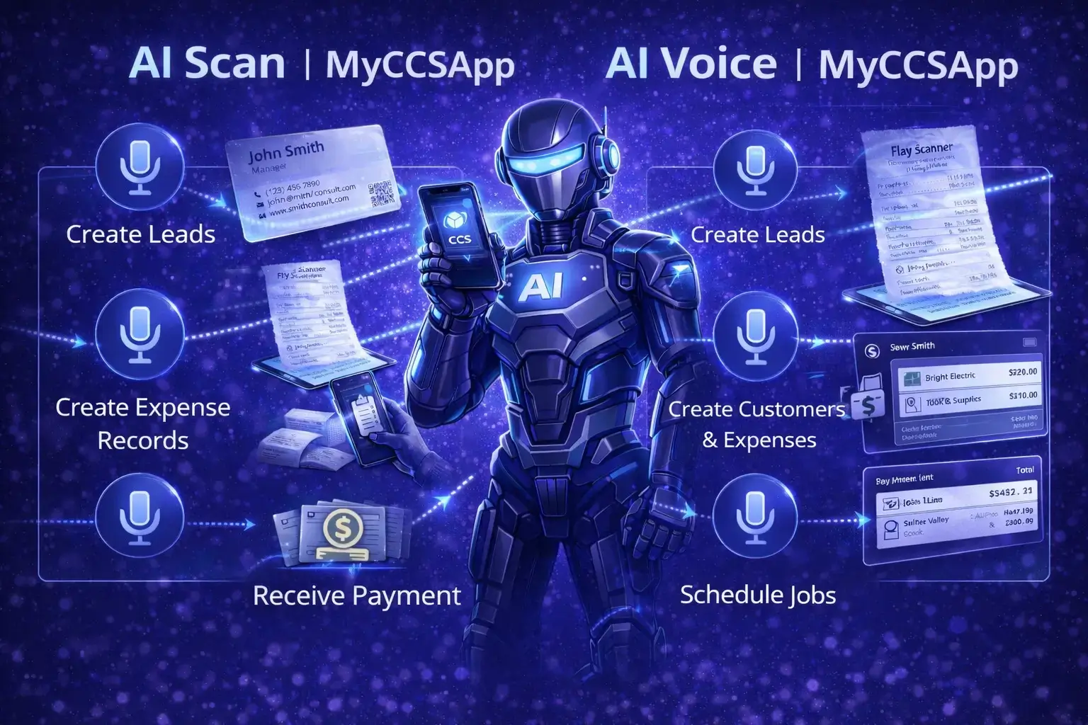 New Feature image for AI Voice and Scanner, create leads, expense records, schedule jobs and receive payments.