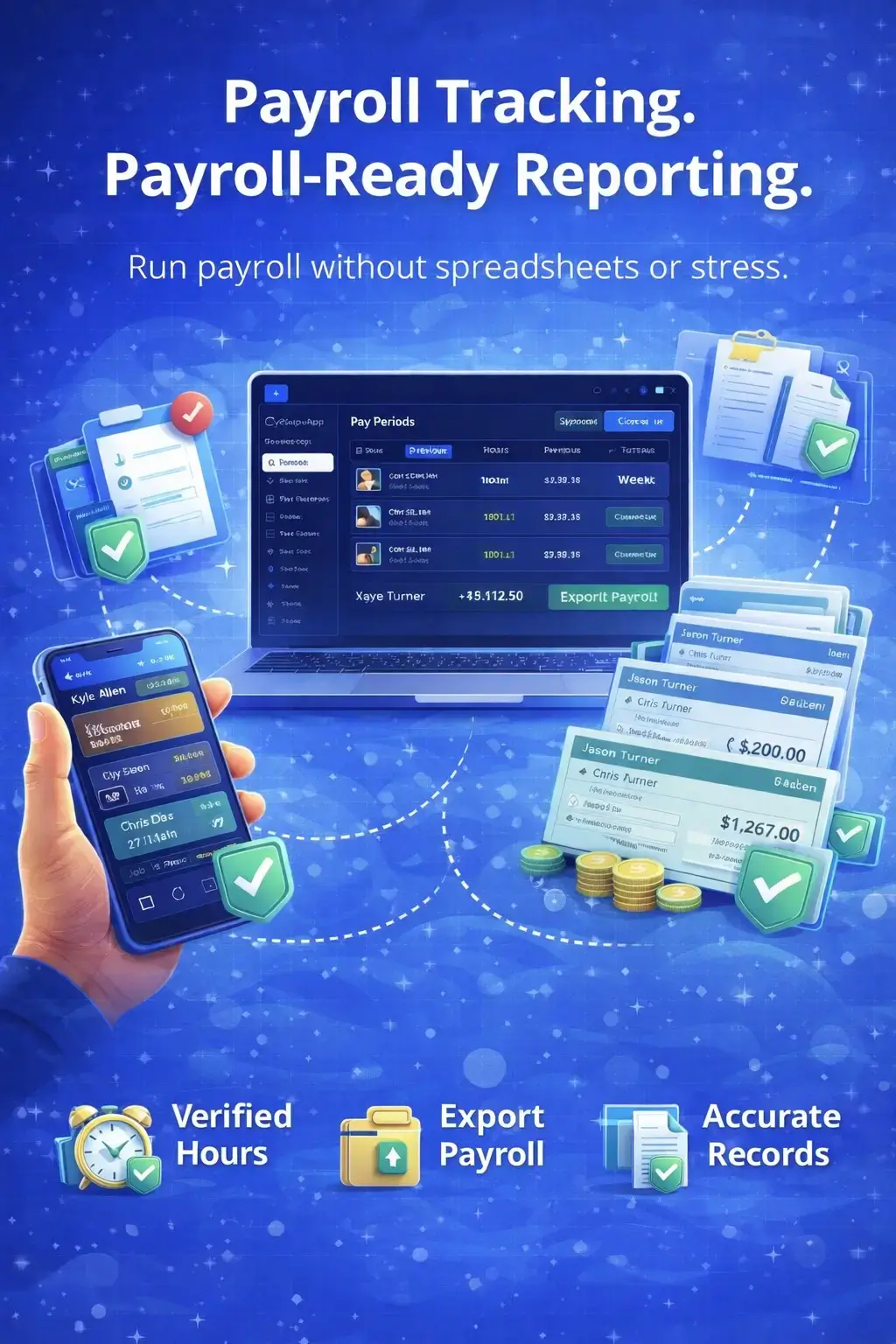 Payroll-ready reporting dashboard displaying verified employee hours and one-click export tools