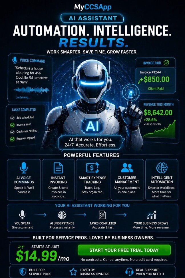 Infographic for MyCCSApp AI Assistant featuring a futuristic robot head with the headline