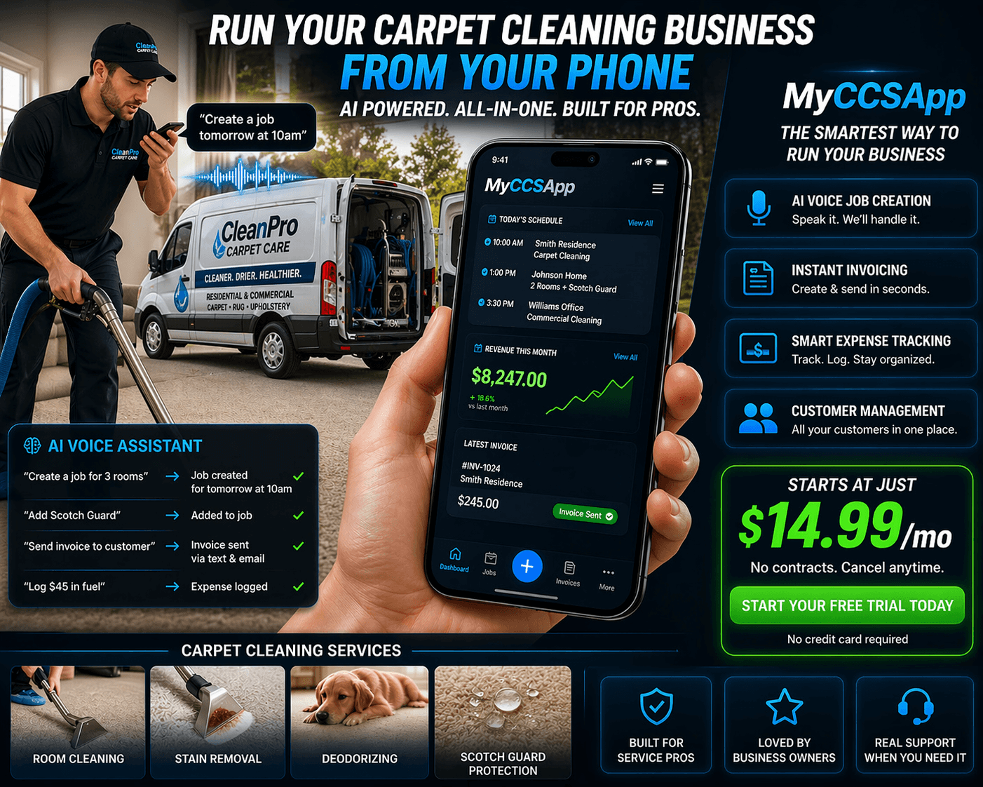 MyCCSApp Carpet Cleaning Software infographic featuring a technician and a