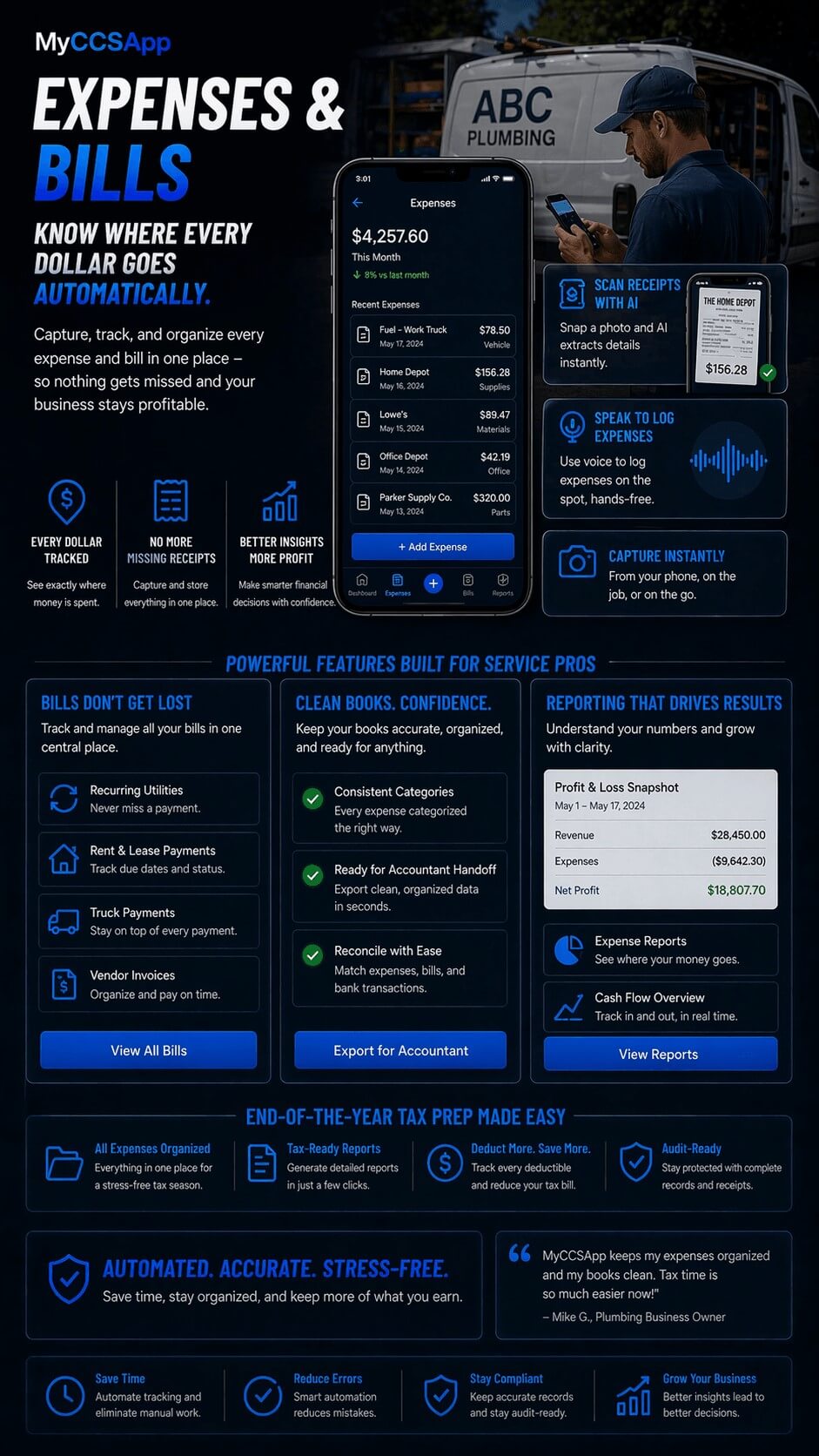MyCCSApp Bills and Expenses mobile interface showing an automated financial dashboard that uses AI to scan receipts, track recurring vendor invoices, and link labor and material costs directly to specific jobs for accurate, real-time profitability reporting