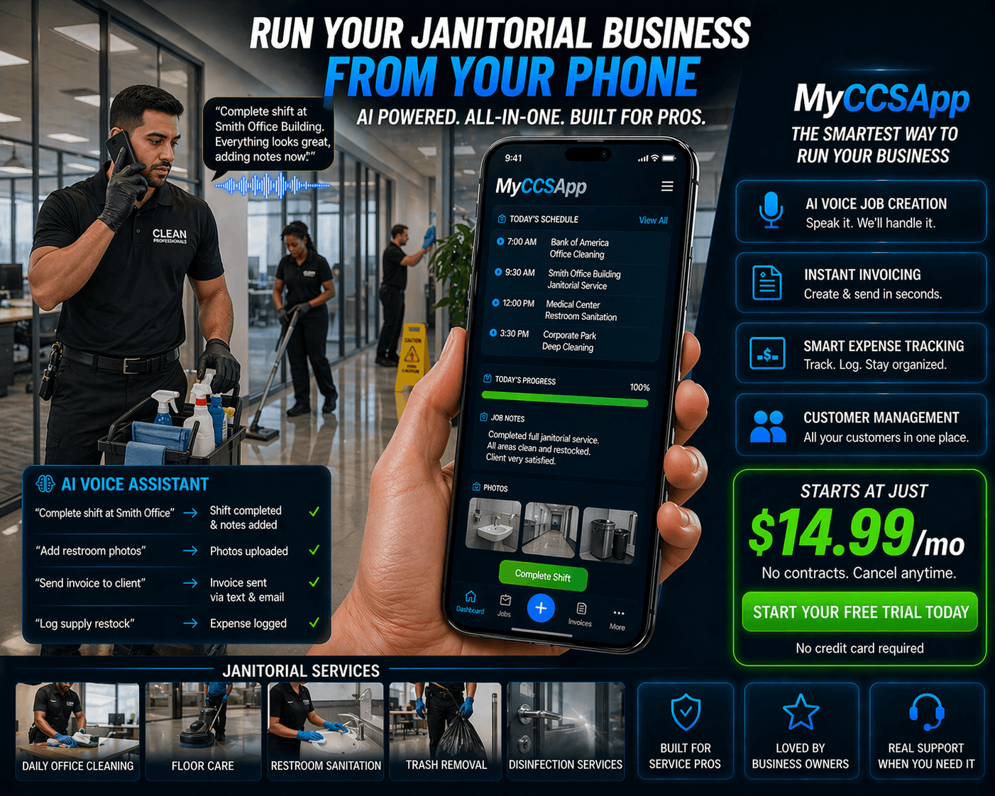 AI-powered janitorial management app showing commercial cleaning schedules, digital checklists, and employee shift tracking.