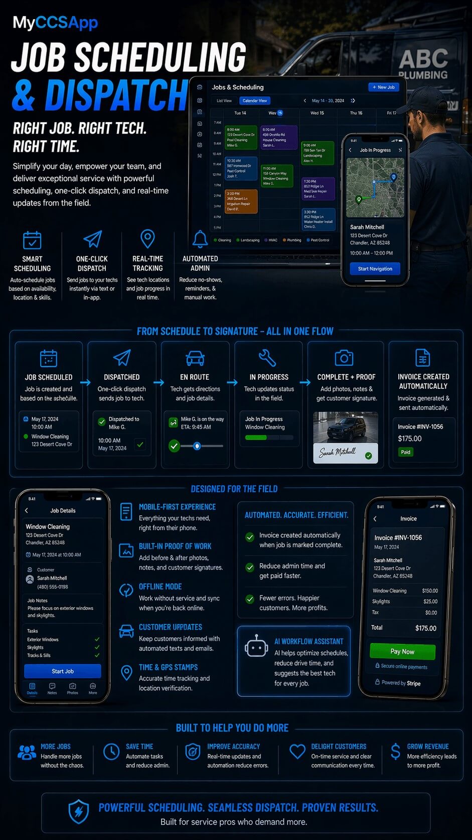 MyCCSApp Jobs and Dispatch mobile interface showing a real-time scheduling calendar and dispatch board that assigns crews to locations, tracks job status from start to completion, and includes field-ready features for uploading proof-of-work photos and notes