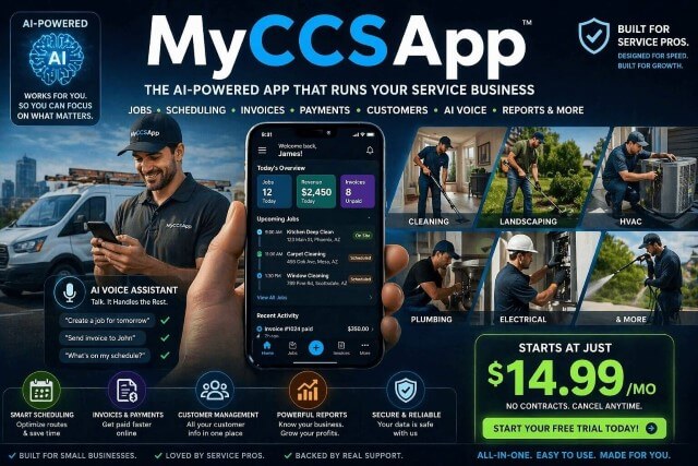 MyCCSApp service business management software dashboard displayed on a smartphone, featuring specialized modules for cleaning, landscaping, HVAC, plumbing, and electrical service pros.