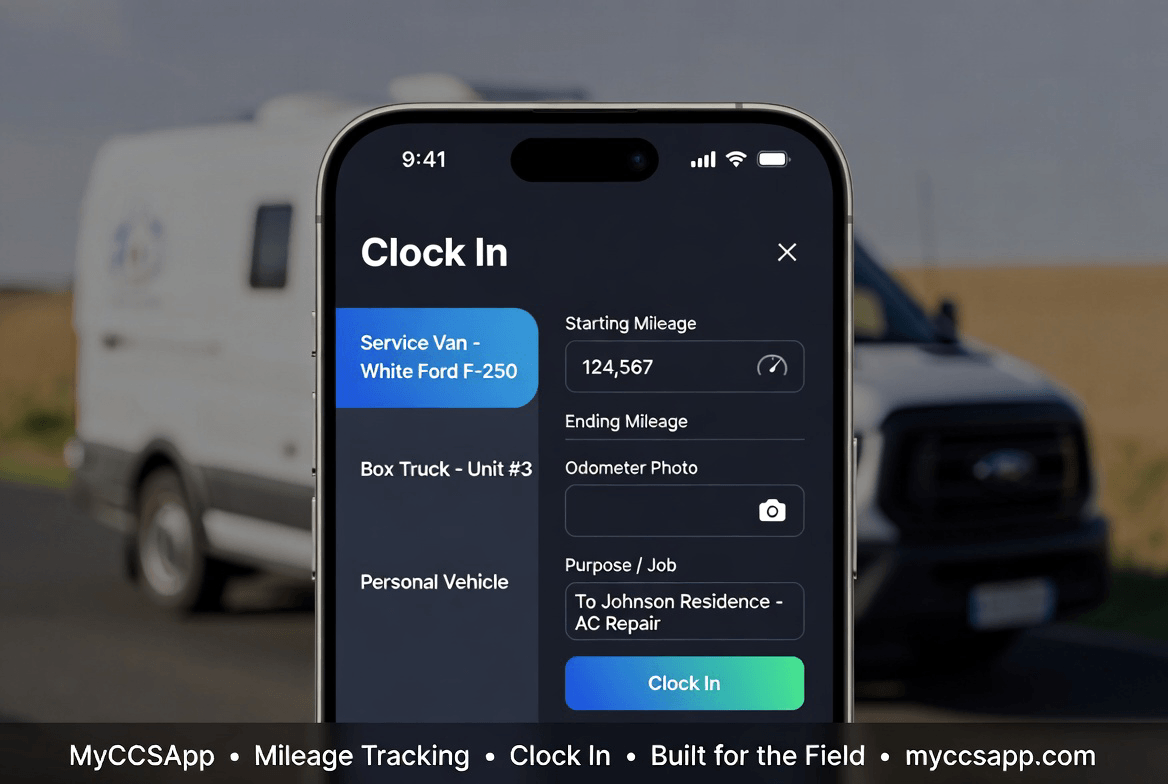 Smartphone interface displaying GPS-verified clock-in and odometer logging for HVAC technicians, illustrating the 'Built for the Field' mobile-first design of MyCCSApp.