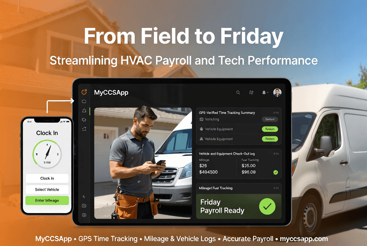 MyCCSApp dashboard showing HVAC payroll readiness and field tech performance metrics with a modern, mobile-first interface for streamlining field-to-office operations.