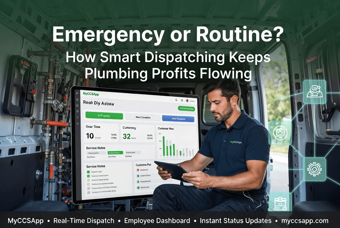 MyCCSApp plumbing dispatch dashboard showing real-time job status updates, instant status tracking, and technician performance metrics to eliminate service lag time.
