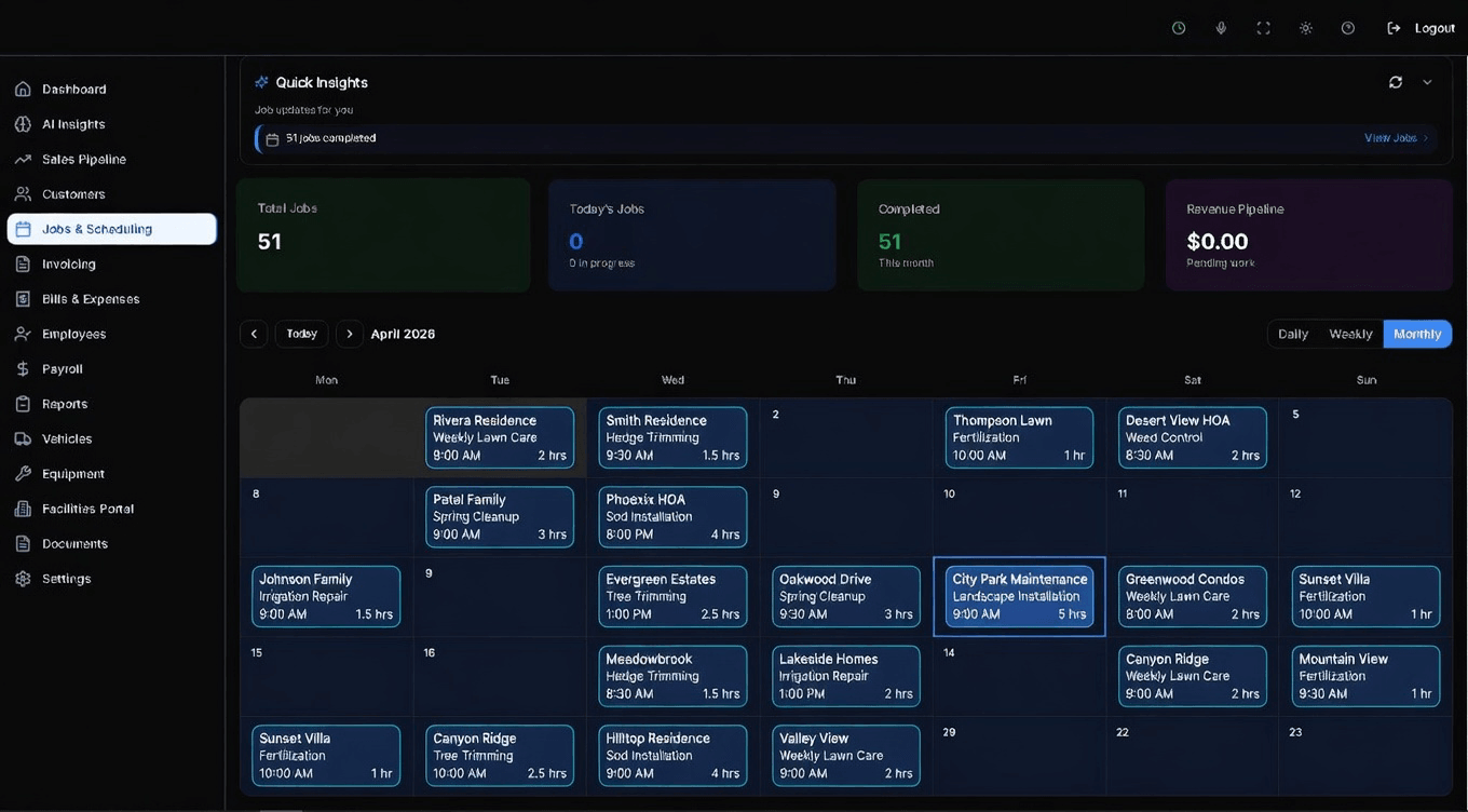 MyCCSApp service business dashboard showing the dynamic calendar view with drag-and-drop job scheduling, color-coded plumbing and landscaping task cards, and AI-optimized crew dispatching layout.