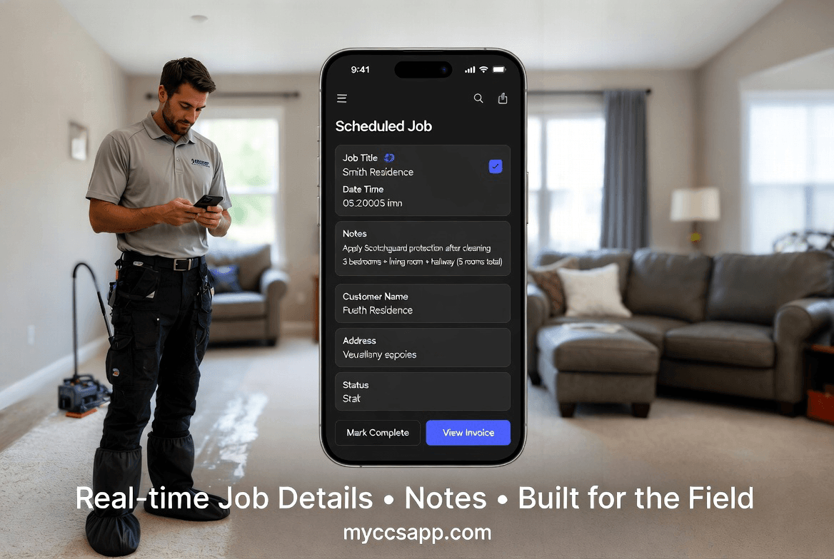A mobile app interface showing real-time job details for a carpet cleaning service, including job title, date, and specific technician notes regarding pet treatment and wool rug care. The image illustrates a technician in a residential setting, highlighting how field-built software eliminates communication gaps between the office and the crew