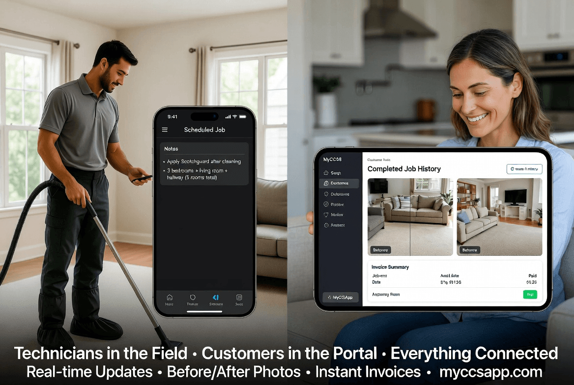 A split-screen visualization of the MyCCSApp ecosystem: a technician in the field updating job status on a smartphone, while a homeowner uses a tablet to view their completed job history and digital invoices. This demonstrates the professional transparency and trust built through a centralized customer portal and real-time documentation
