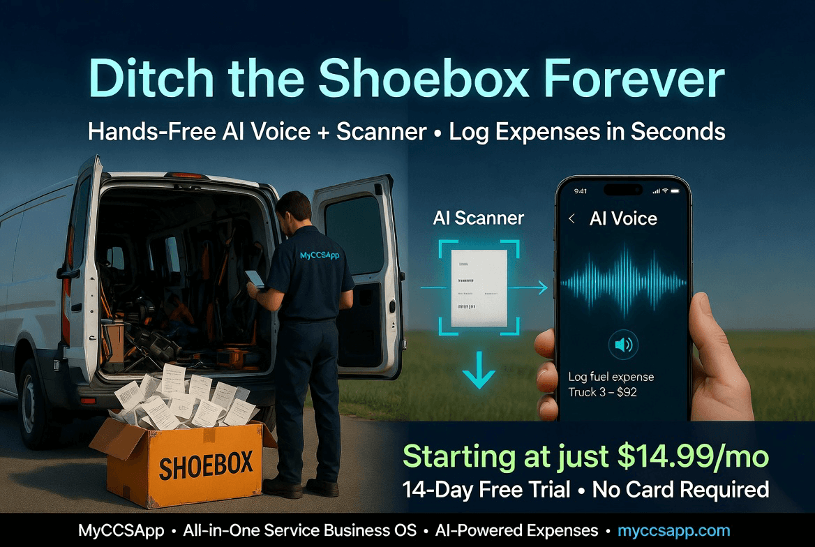 ditch shoebox of expenses MyCCSApp AI Assistant tools: Hands-free voice logging and high-precision receipt scanning for fast, paperless business expense management.