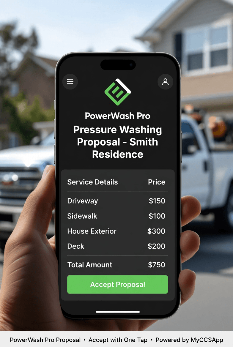 Digital pressure washing proposal on a mobile smartphone featuring a prominent green Accept Proposal button for instant customer conversion.