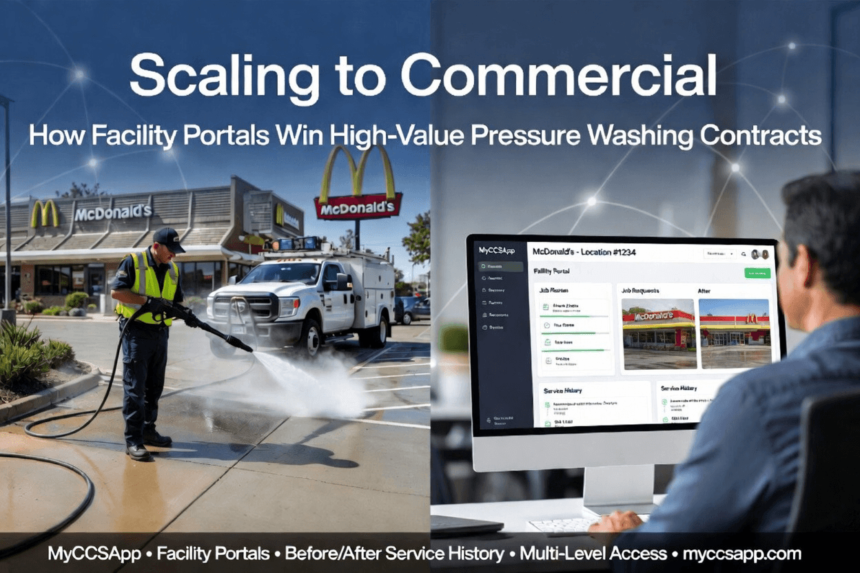 MyCCSApp facility portal interface showing multi-location management and commercial contract tracking for pressure washing businesses.