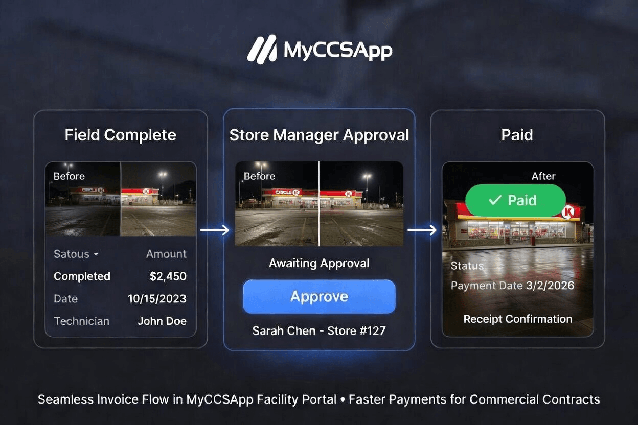 Workflow diagram of a commercial invoice approval chain from field completion to payment