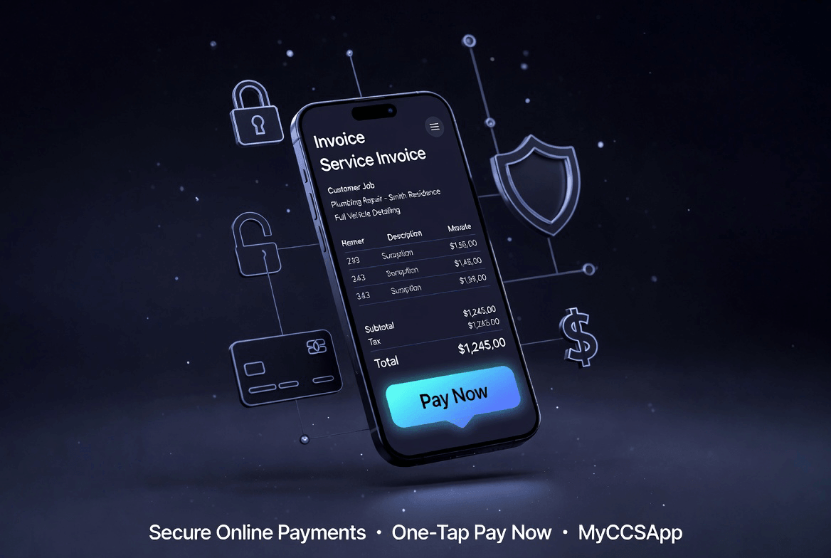 Smartphone display showing a MyCCSApp service invoice with a prominent 'Pay Now' button, surrounded by security icons representing encrypted Stripe Connect payment processing and instant bank deposits