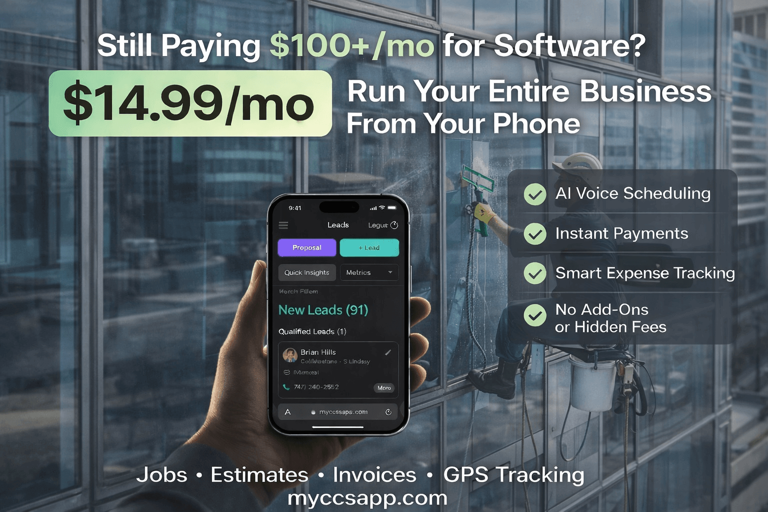 AI-powered window cleaning management software showing residential scheduling, route optimization, and GPS technician tracking.