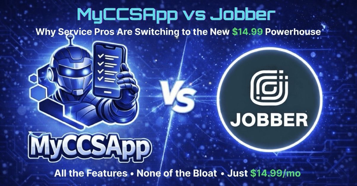 MyCCSApp vs Jobber comparison graphic featuring the MyCCSApp robot mascot holding a smartphone with an invoicing checklist, next to the Jobber logo with a large 'Vs' symbol in between. Text reads: 'MyCCSApp vs Jobber: Why Service Pros Are Switching to the New $14.99 Powerhouse'. The bottom text states: 'All the Features • None of the Bloat • Just $14.99/mo'. Set against a high-tech blue circuit board background