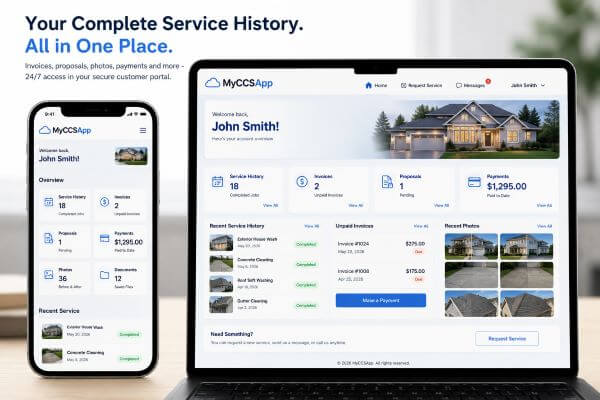 Comprehensive MyCCSApp Customer Portal dashboard on desktop and mobile screens displaying service histories, invoices, proposals, photos, and secure payments