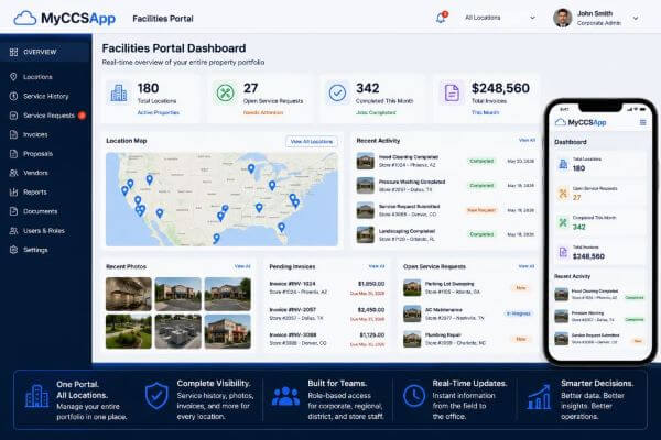 MyCCSApp Facilities Portal dashboard showing centralized multi-location management with service history, invoices, proposals, vendor accountability, before-and-after photos, and enterprise facility operations across desktop and mobile devices.