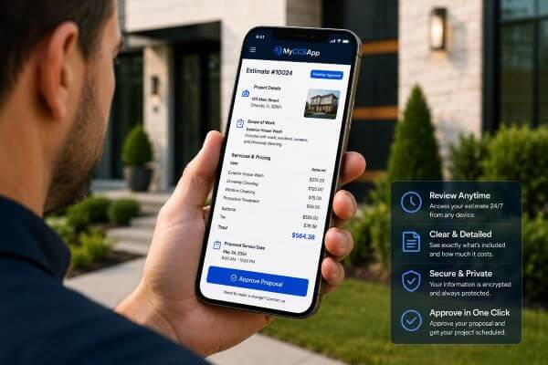Customer reviewing and approving a service proposal online through the MyCCSApp Customer Portal on a desktop and smartphone