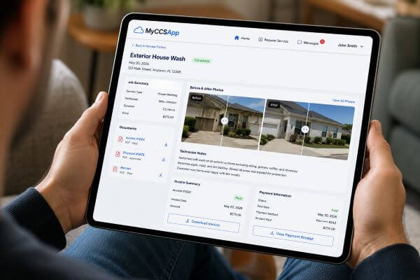 A customer reviewing visual proof, high-resolution before and after photos, and technician service notes inside their secure service history portal
