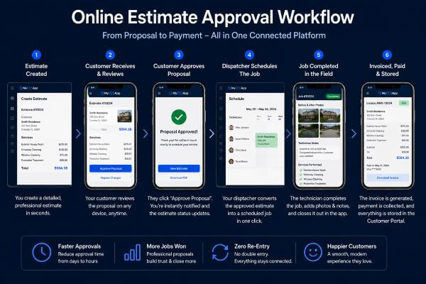 MyCCSApp dashboard automatically scheduling an approved job while sending instant notifications to office staff, technicians, and the customer