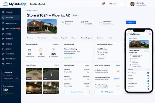 MyCCSApp single location deep-dive view showing an individual restaurant's service profiles, localized history filters, active work orders, and local manager notes