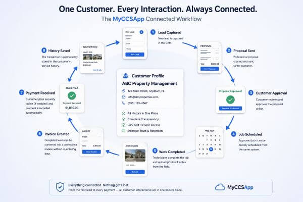 Diagram illustrating the MyCCSApp unified customer record flow from initial lead down to permanent service history entry
