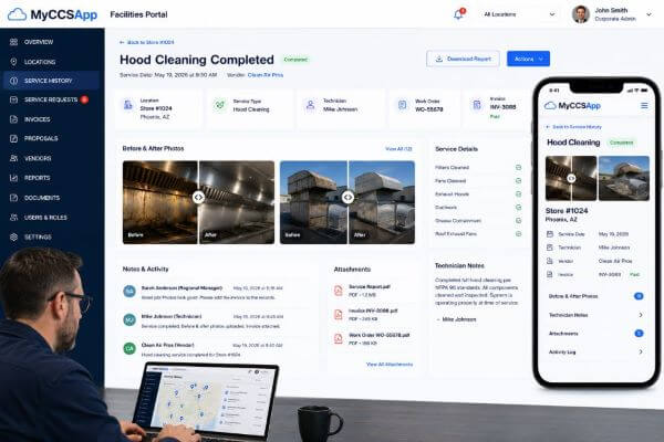 What Is a Facilities Portal? MyCCSApp enterprise software illustrating centralized management for restaurants, retail stores, offices, hotels, and other multi-location businesses with complete service visibility and operational transparency.