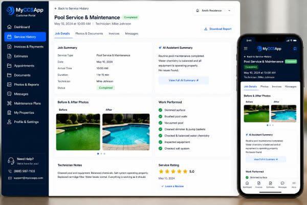 Property manager digitally reviewing and approving project estimates inside the secure online client portal with a mobile layout overlay