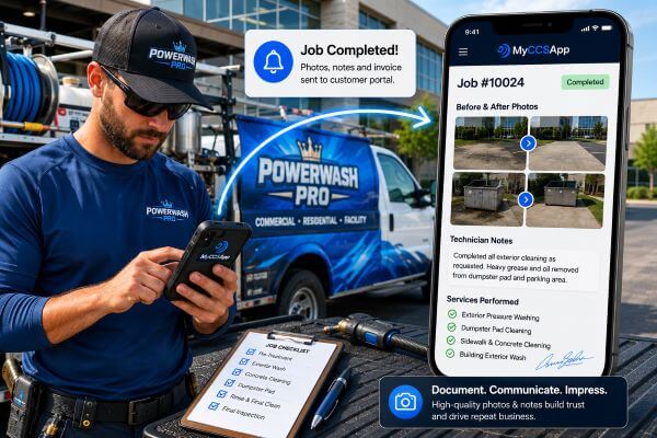 Customer securely paying a completed service invoice online through the MyCCSApp Customer Portal using a mobile device