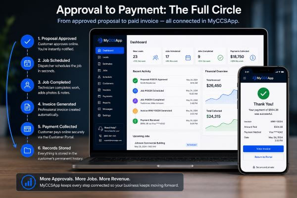 Infographic showing the complete MyCCSApp workflow from proposal approval and job scheduling to invoicing, online payment, and permanent customer history