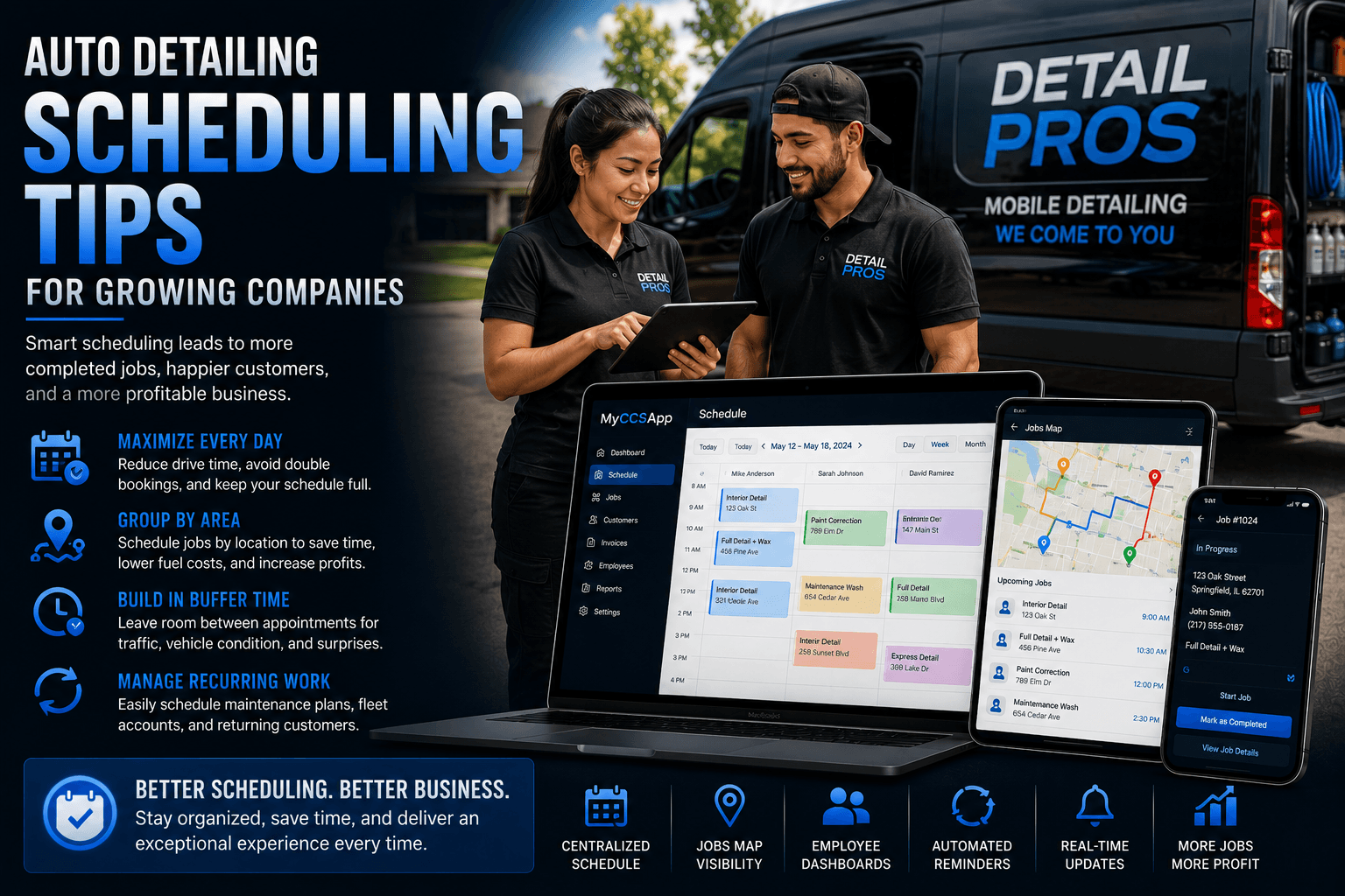 Auto detailing scheduling tips for growing companies Male and female mobile auto detailers reviewing schedules beside a detailing van while scheduling software displays technician assignments, jobs map visibility, recurring appointments, dispatch management, and route optimization tools.