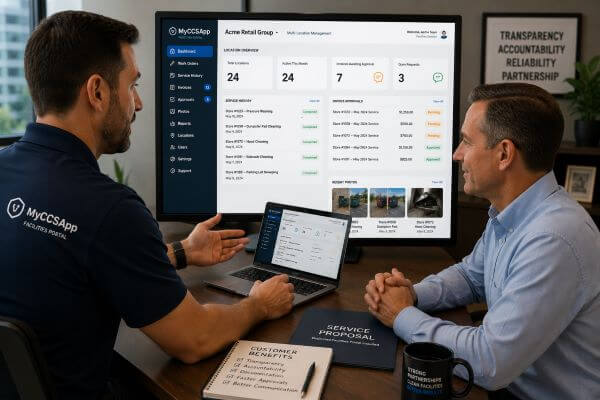 A professional service contractor demonstrating the secure Facilities Portal to a commercial client during an onboarding sales meeting.