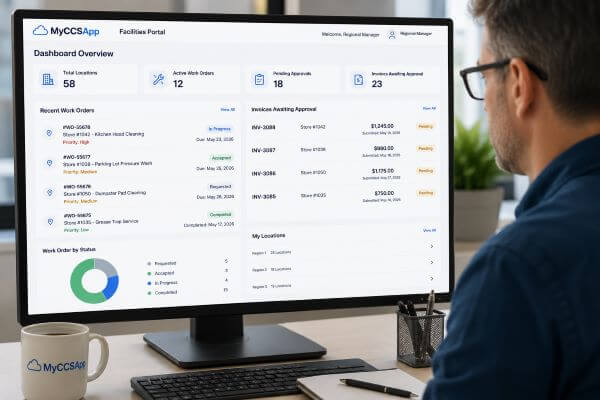 Corporate facility manager reviewing multi-location service history, digital invoices, open work orders, and completion photos inside a clean web-based Facilities Portal.