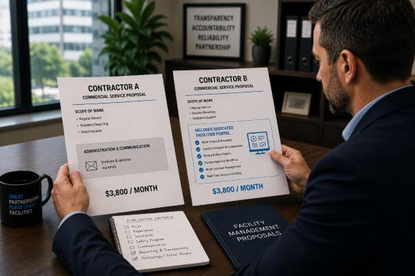 A corporate facility management director sitting at a desk comparing two commercial service proposals, one featuring a dedicated Facilities Portal and one offering standard email invoicing.