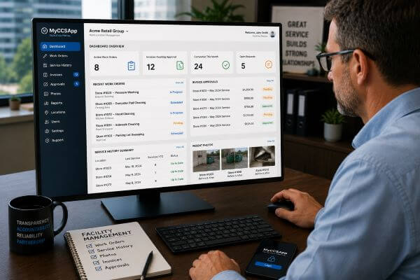 A clean web-based Facilities Portal dashboard showing commercial work orders, invoice approvals, multi-location service history records, and compliance photos.