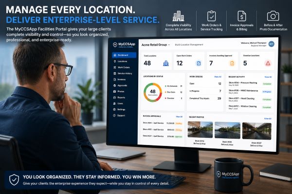 A corporate facility director comfortably reviewing structured multi-location service history and invoice approvals from an organized dashboard inside the MyCCSApp platform.
