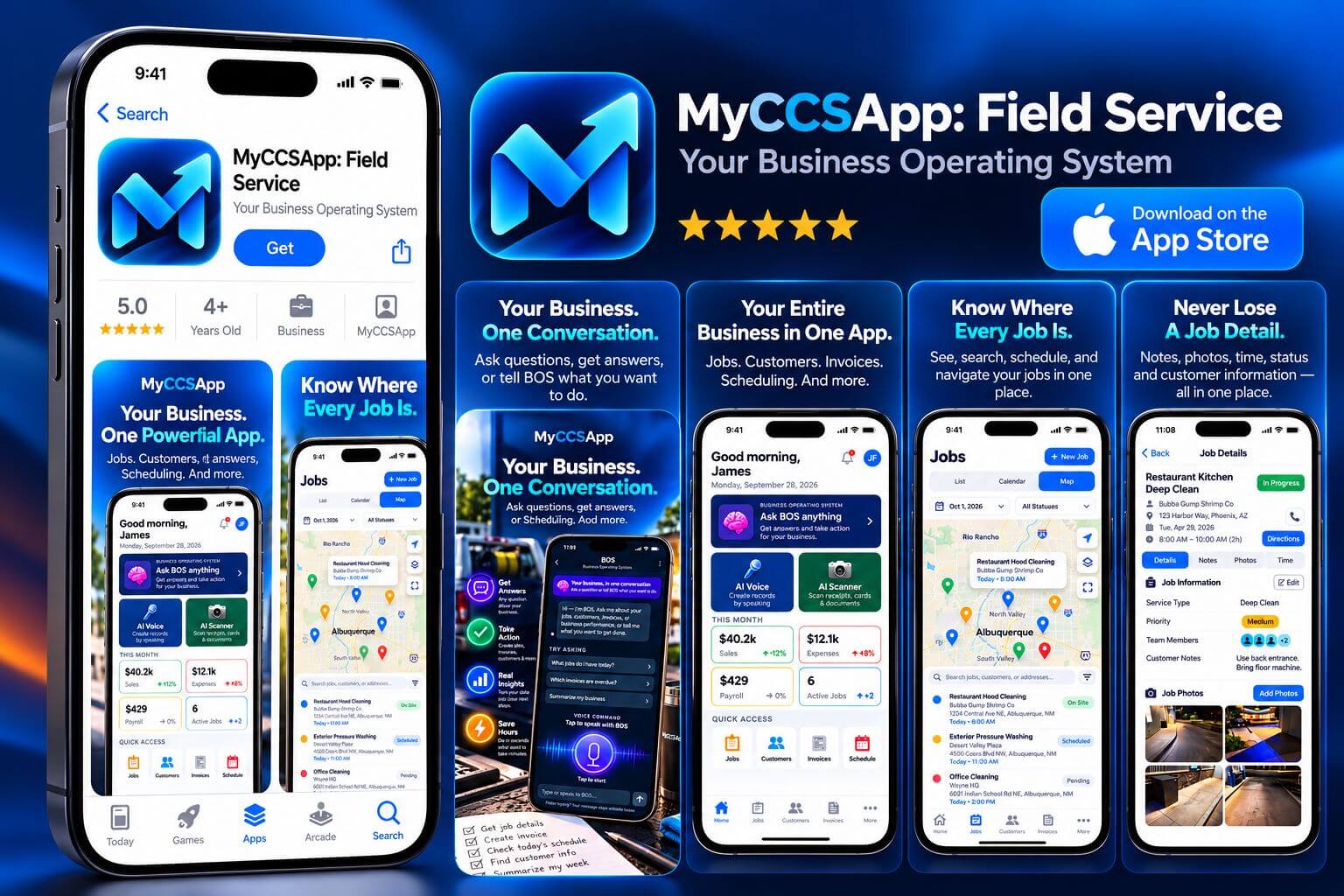 MyCCSApp Field Service app download showcase featuring the app listing, business dashboard, job mapping, job details, and AI-powered business tools.