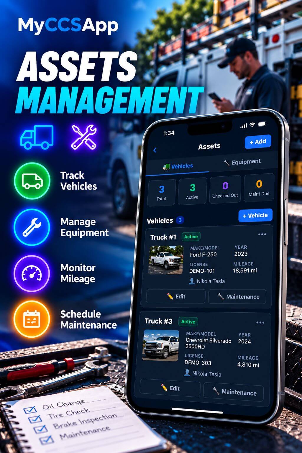 MyCCSApp Assets Management dashboard showing vehicles and equipment, crew assignments, and asset tracking for service businesses.