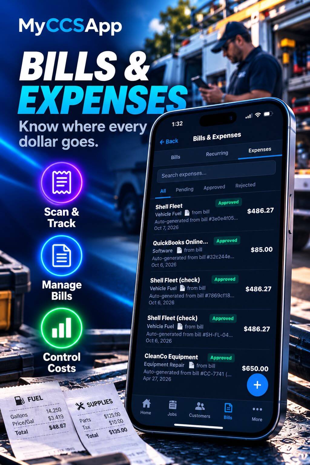 MyCCSApp Bills and Expenses dashboard showing bill records, expense tracking, approval statuses, and amounts to help service businesses manage costs.
