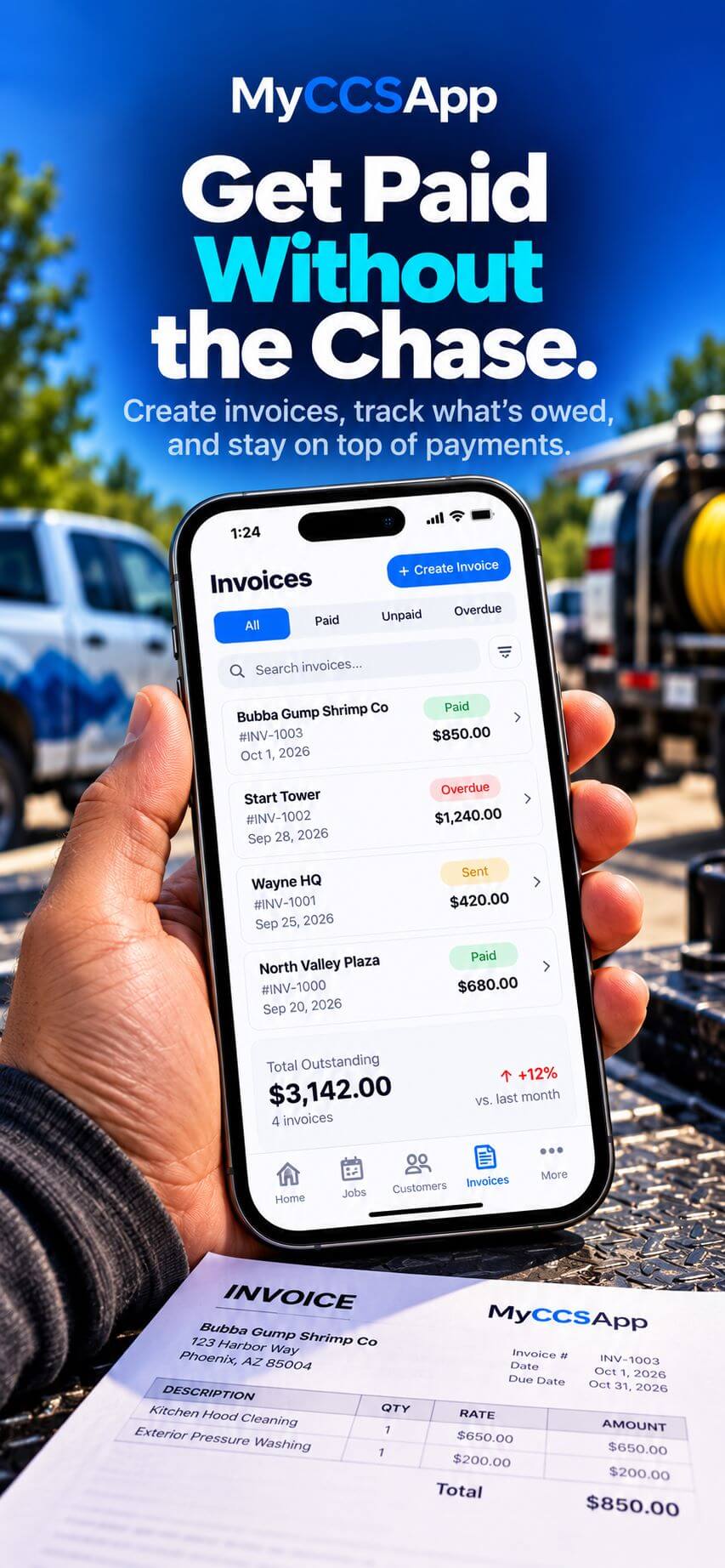 MyCCSApp invoicing and payments interface helping service businesses create invoices, send them to customers, and track payment status and cash flow.