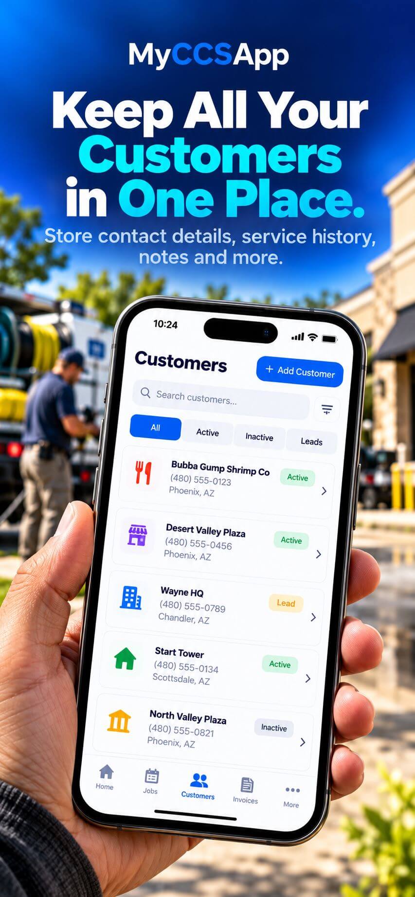 MyCCSApp customer management dashboard keeping client profiles, job history, field notes, site photos, invoices, and payment statuses organized in one place.