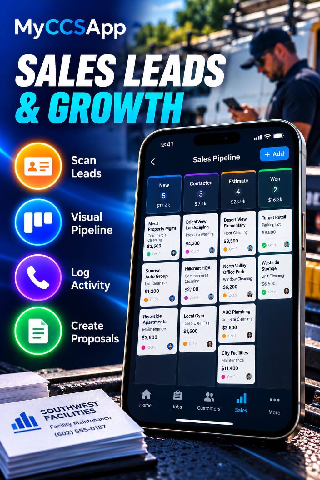 MyCCSApp Sales Leads and Pipeline dashboard showing lead opportunities organized by sales stage, with tools to track prospects, manage follow-ups, and convert won leads into active jobs.