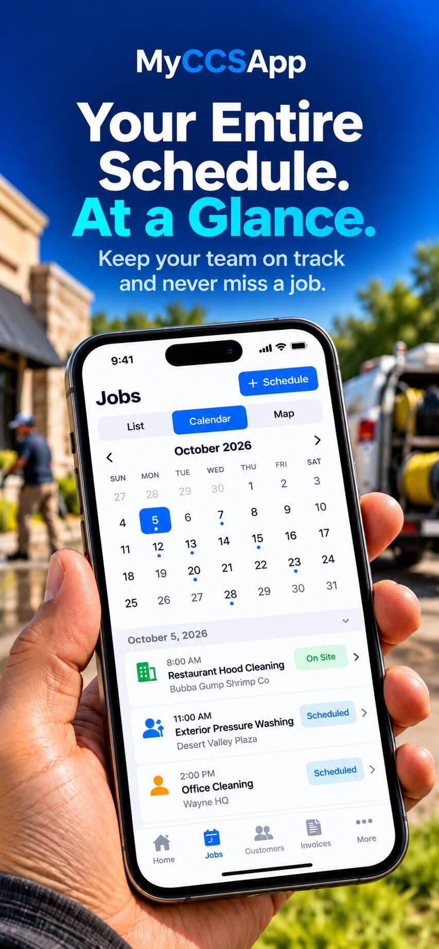 MyCCSApp jobs and scheduling interface showing the business calendar, job assignments, and dispatch details to help service businesses organize their schedules and track work.